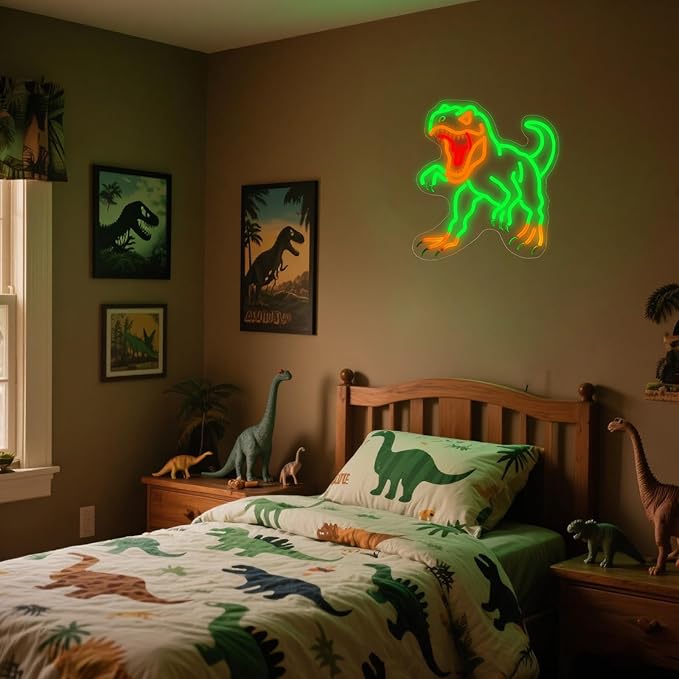 Dinosaur Neon Wall Sign - Green T-Rex LED Light for Jurassic Party, Boys Bedroom, Halloween Decor, Spooky Gift for Teens, 14.5x13.6" USB Powered