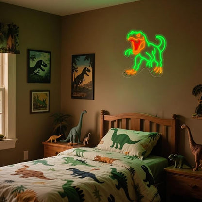 Dinosaur Neon Wall Sign - Green T-Rex LED Light for Jurassic Party, Boys Bedroom, Halloween Decor, Spooky Gift for Teens, 14.5x13.6" USB Powered