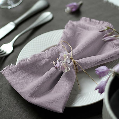 Handmade Cloth Napkins 100% Cotton Napkins with Fringe，Delicate Handmade Cloth Napkins for Dinners, Parties, Weddings and More，18 x 18 Inch Set of 6 - Lavender