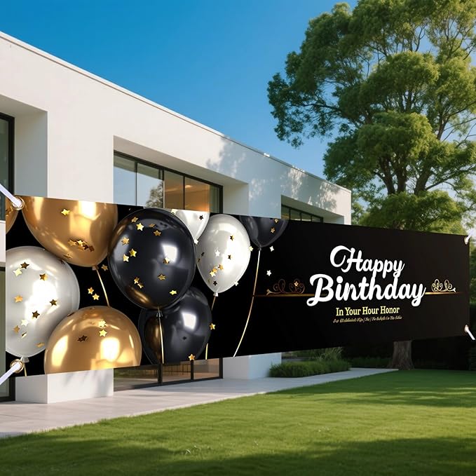 Nuxovilar Happy Birthday Banner Decorations 17.72x78.74 Inch Black Gold Balloon Theme - Polyester for Indoor Outdoor Birthday Party Decor