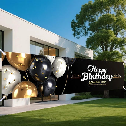 Nuxovilar Happy Birthday Banner Decorations 17.72x78.74 Inch Black Gold Balloon Theme - Polyester for Indoor Outdoor Birthday Party Decor