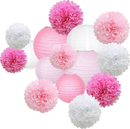 KAXIXI Hanging Party pom pom Set, 15pcs Pink White Paper Flowers Pom Poms Balls and Paper Lanterns for Wedding Birthday Bridal Baby Shower Graduation, LanternPomPom012