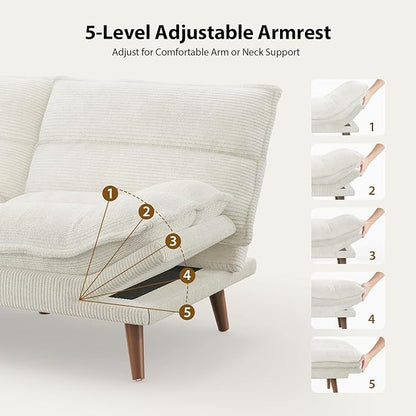 Pipishell Futon Sofa Bed, Convertible Futon Adjustable Backrest & Armrests, Corduroy Sleeper Couch for Small Spaces, Living Room, Office, Guest Room (Pearl White, 66 Inch)