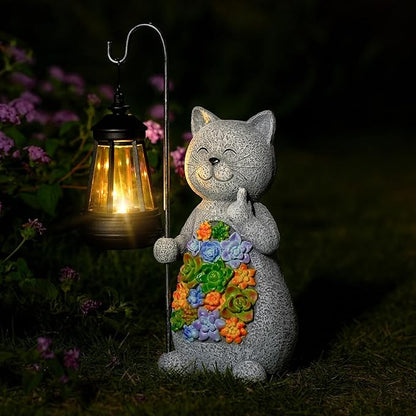 Solar Cat Garden Statue with Succulent Decor Hanging Lantern – Waterproof Resin Outdoor Figurine for Yard, Patio, Balcony – Gift for Cat Lovers, Gardeners