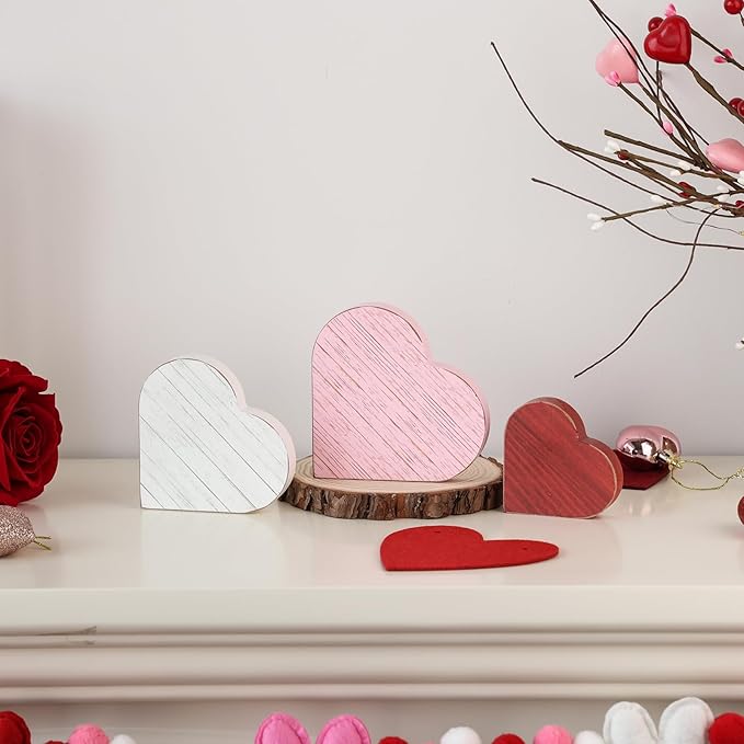 6pcs Valentines Day Decorations Red Pink White Rustic Heart Wooden Sign Valentine's Day Tiered Tray Decor Tabletop Valentines Day Centerpieces for Wedding Anniversary Home Party Supplies