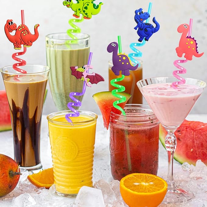 24 Reusable Dinosaur Drinking Plastic Straws + 6 Dinosaur Temporary Tattoos for Kids Girls Boys | Dinosaur Birthday Party Supplies Three Rex Party Favors Decorations with Cleaning Brush