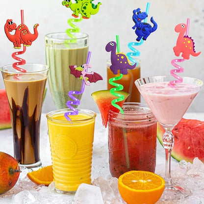 24 Reusable Dinosaur Drinking Plastic Straws + 6 Dinosaur Temporary Tattoos for Kids Girls Boys | Dinosaur Birthday Party Supplies Three Rex Party Favors Decorations with Cleaning Brush