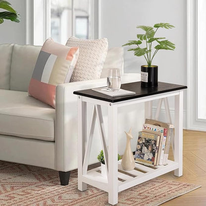Farmhouse End Side Table Wood Frame Narrow Side Table with Shelves Black White Rectangular Night Stand Sofa Table for Couch, Small Spaces, Living Room, Bedroom