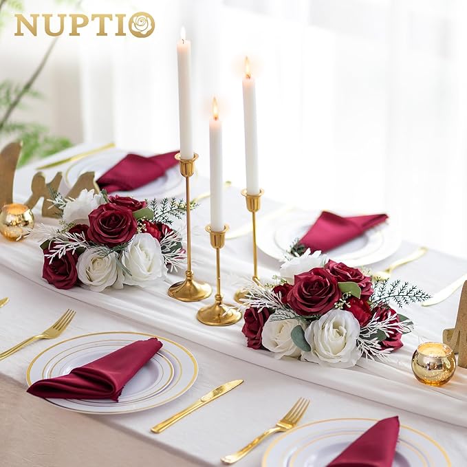 NUPTIO Flower Ball Centerpieces for Tables: 10 Pcs Crimson & White Artificial Rose Fake Floral Arrangement for Wedding Party Centerpiece Decorations 9.4 Inch Diameter