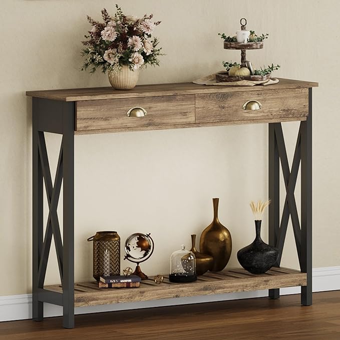 ChooChoo 47" Farmhouse Console Table with Drawer for Entryway, Narrow Long Entry Table with Shelf for Living Room, Rustic Vintage Hallway Sofa Table with Stable X Supports, Rustic Oak & Black