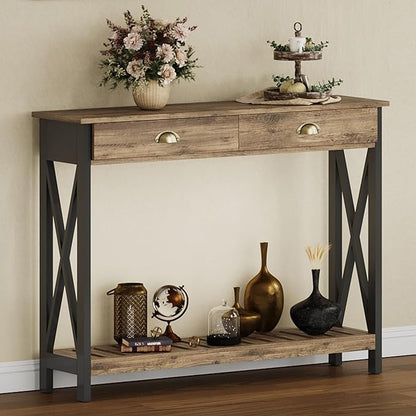 ChooChoo 47" Farmhouse Console Table with Drawer for Entryway, Narrow Long Entry Table with Shelf for Living Room, Rustic Vintage Hallway Sofa Table with Stable X Supports, Rustic Oak & Black