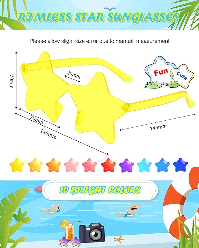 20 Pairs Rimless Star Sunglasses Bulk Transparent Candy Color Star Glasses for Women Men Party Favors