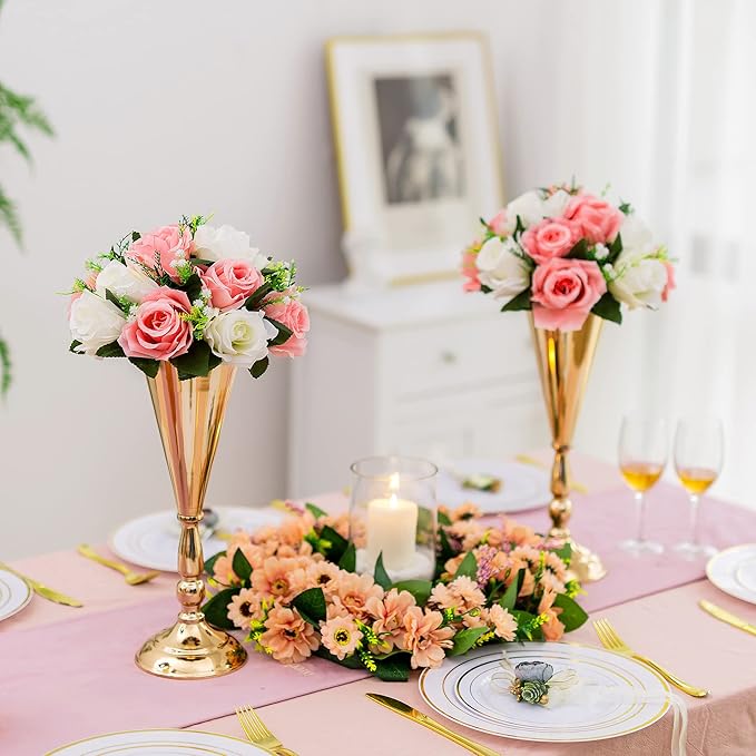 Gold Vase Centerpiece Table Decorations - 10 Pcs Metal Tabletop Flower Stand, Wedding Decorations for Reception, 14in Trumpet Tall Flower Vase for Birthday, Weddings, Anniversary, Home Decor