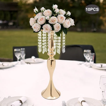 Wedding Centerpieces Gold Vases,10PCS Metal Flower Candle Holder with Sparkling Crystal Beads,Crystal Flower Vase Metal Flowers Stand for Party Tables Decorations (10pcs Gold-Height 21.3)