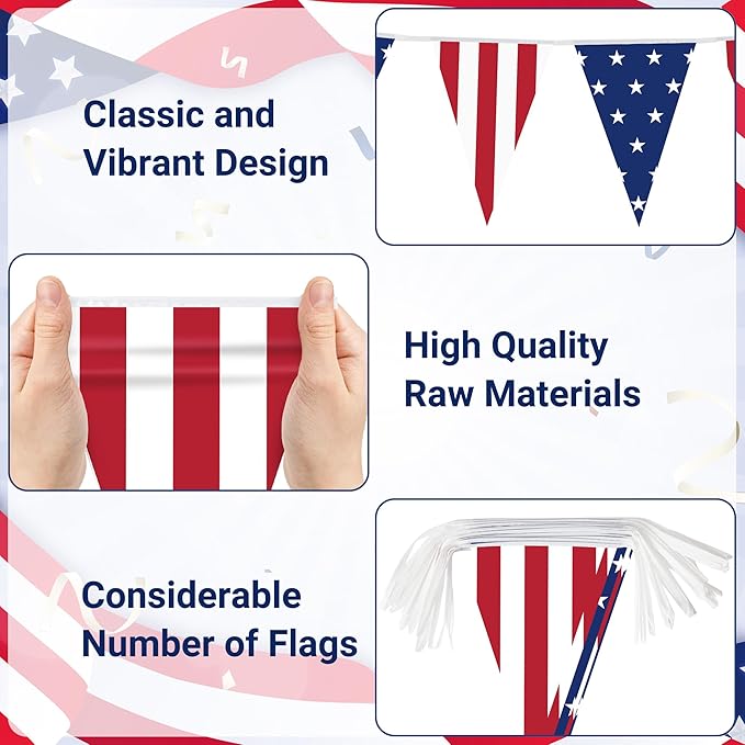 100FT 4th of July Decorations, 60Pcs 7.8 x 11.8 Inches Pennant American Flags for Outside, Pre-Assemble Patriotic 4th of July Banner for Fourth of July Accessories Independence Day Patriotic Decor
