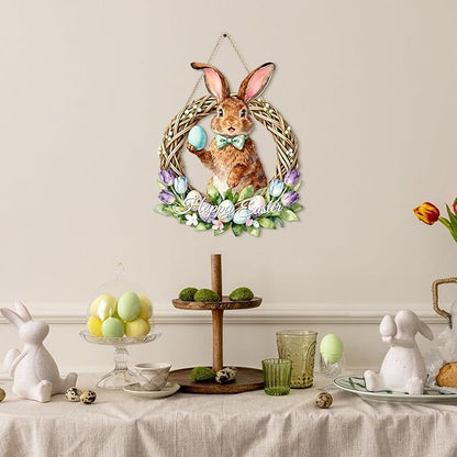 Kercan Easter Bunny Door Sign, Happy Easter Eggs Wooden Hanging Decorations Hanging Plaque Bunny Rabbit Sign Wall Hanger Floral Spring Decor for Front Door Porch Yard Wall Home Decorations