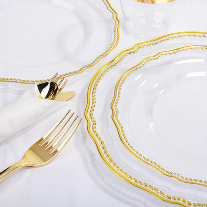 Hioasis 350pcs Clear Gold Plastic Plates - Gold Plastic Dinnerware Set Includes 50 Dinner Plates, 50 Dessert Dinnerware, 50 Cups, 50 Rolled Napkin Cutlery Perfect for Wedding & Party