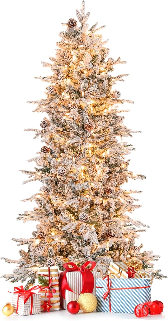 GOFLAME 6FT Pre-Lit Christmas Tree Snow Flocked, Hinged Artificial Xmas Tree with 715 Branch Tips, 36 Natural Pine Cones & 210 Warm White Incandescent Lights, Holiday Decoration Tree for Home Office