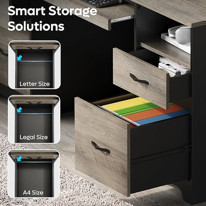Bestier 59 Inch Office Desk with 4 Drawers, Computer Desk with Storage, Executive Desk with File Drawer, Keyboard Tray & 2 Pedestals on Both Sides for Home Office, Studio, Grey&Black