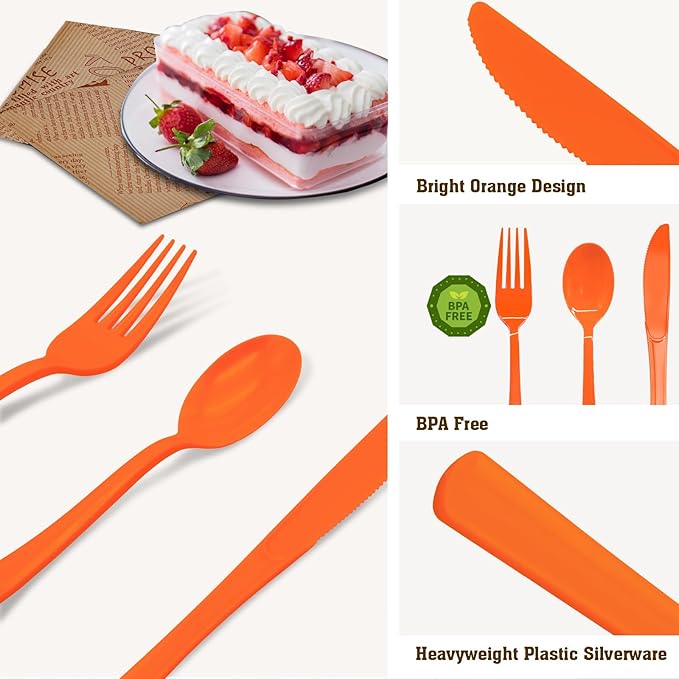 150 Pack Orange Plastic Silverware, Orange Plastic Cutlery Disposable Includes 50 Forks, 50 Spoons, 50 Knives for Birthday, Fall Party, Halloween, Thanksgiving