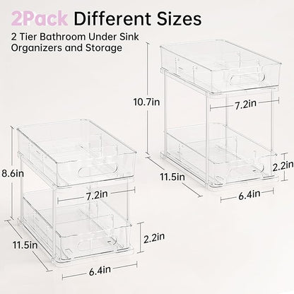 Delamu 2 Tier Snap-Lock Bathroom Under Sink Organizers and Storage, Multi-Purpose Cabinet Drawers with Movable Dividers, Pull Out Organization for Countertop, Kitchen and Pantry(Clear, 2 Pack)