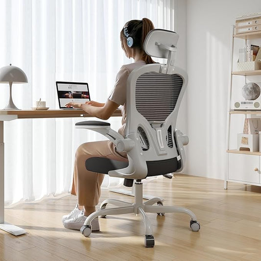 Synorla Office Chair Ergonomic Desk Chair, 330LBS Capacity, High Back Computer Design for Long Hours Comfort, Rolling Swivel for Home Office, Flip-up Armrests（Grey Black）