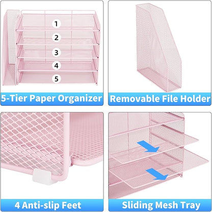 OPNICE 5-Tier Paper Organizer with Magazine Holder, Desk Organizers and Accessories, Office Desk Accessories & Workspace Organizers, Desktop File Organizer for Office Supplies Storage, Pink