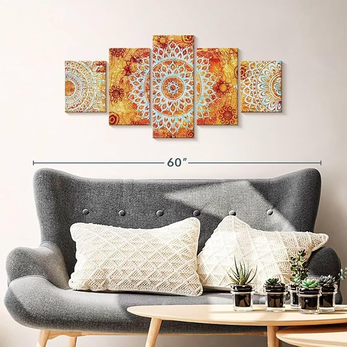 ElephantStock - Sun Like Mandala Symbols Wall Art - Horizontal Multi Panel Canvas - 5 Piece Living Room Wall Decor - Digital Art Elements Multi Piece Wall Art - Orange And Blue Decor - 42" x 19"