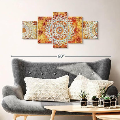 ElephantStock - Sun Like Mandala Symbols Wall Art - Horizontal Multi Panel Canvas - 5 Piece Living Room Wall Decor - Digital Art Elements Multi Piece Wall Art - Orange And Blue Decor - 42" x 19"