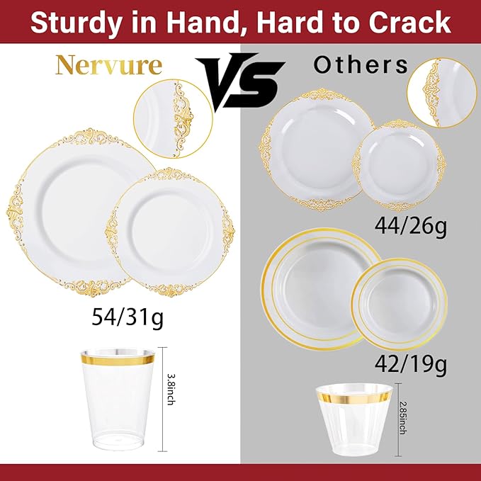 Nervure 350PCS Gold Plastic Dinnerware - White and Gold Disposable Plates for 50 Guests - 100 White Disposable Plates, 150 Plastic Silverware, 50 Cups, 50 Napkins for Wedding & Party & Thanksgiving