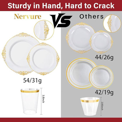 Nervure 350PCS Gold Plastic Dinnerware - White and Gold Disposable Plates for 50 Guests - 100 White Disposable Plates, 150 Plastic Silverware, 50 Cups, 50 Napkins for Wedding & Party & Thanksgiving