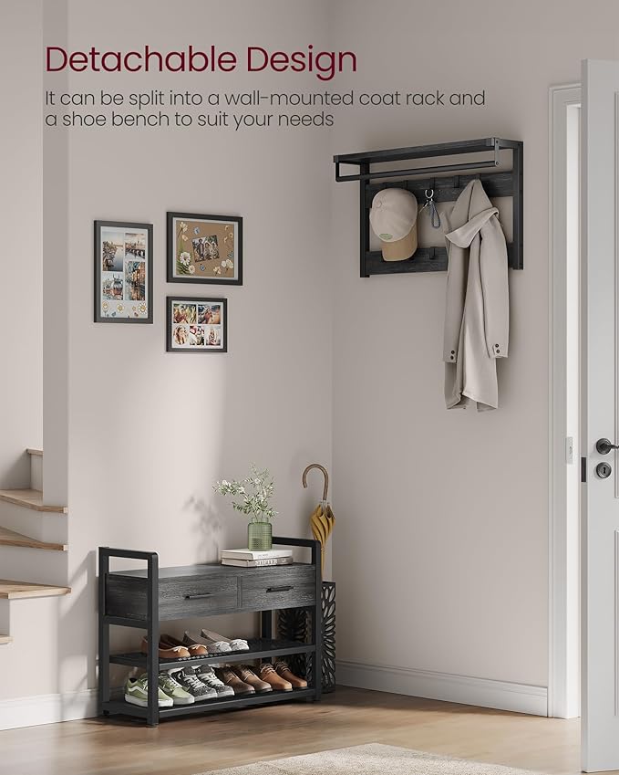 VASAGLE Hall Tree with Bench and Shoe Storage, Entryway Coat Rack with Shoe Bench, 2 Fabric Drawers, 10 Hooks, 11.8 x 31.7 x 71.5 Inches, Stone Gray and Ink Black UHSR429B04