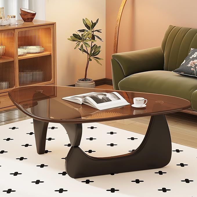 Coffee Table for Living Room Mid Century Modern Center Table with Glass Top and Wood, Brown/Black