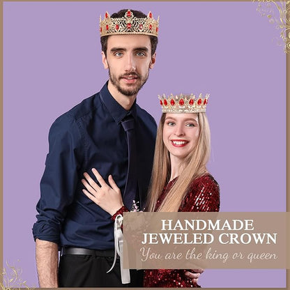MTLEE 2 Pcs Prom King and Queen Crowns for Men Women King Queen Crowns Tiara with Rhinestone for Wedding Birthday Grad(Red Gold, Red Style)