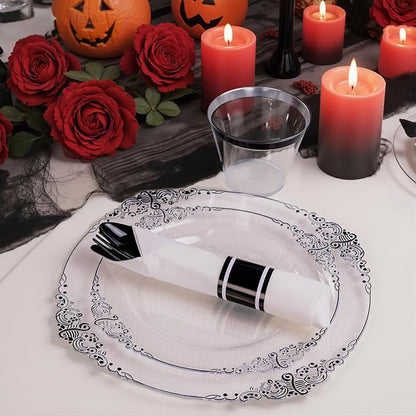 Hioasis 175pcs Clear Black Plastic Plates - Elegant Disposable Dinnerware Set Suitable for 25 Guests Include 10.25" Dinner & 7.5" Dessert Plates, Pre Rolled Silverware Set, Cups for Party & Wedding