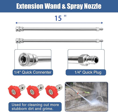 janz 14" Pressure Washer Surface Cleaner with 4 Wheels, Stainless Steel Housing, 1/4" Quick Plug, 2 Extension Wands, 2 Replacement Nozzles and 3 Spray Nozzles, 4000 PSI