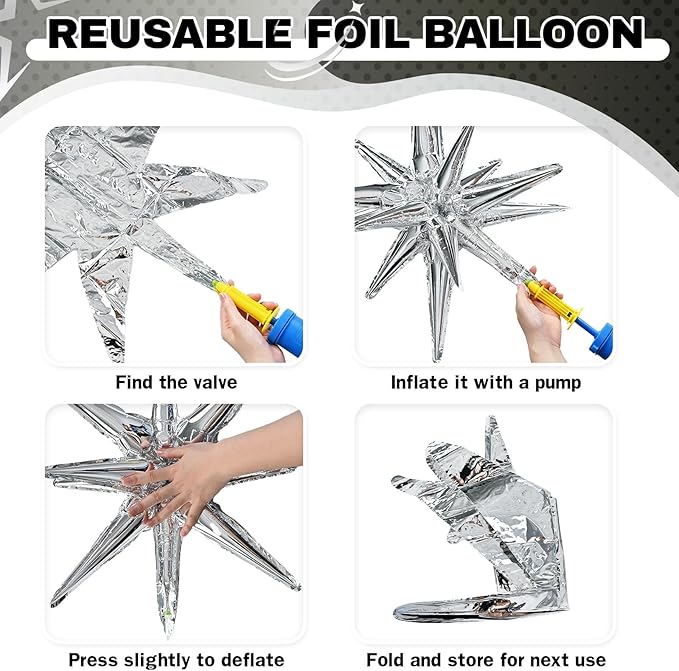 22 Inch Large 4D Metallic Silver Disco Ball Balloon with Explosion Star Foil Balloons for 70s 80s 90s Themed Party, Birthday, New Year, Graduation