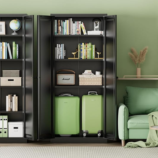 INTERGREAT Metal Storage Cabinet with Magnetic Doors, 63" H Traditional European Style Metal Cabinets with 2 Doors and 4 Adjustable Shelves for Home Office, Kitchen, Bathroom (Black)