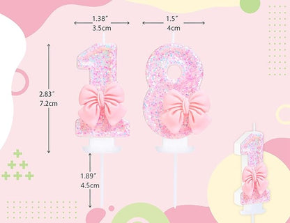 Number 18 Candle Pink Sequins and Bowtie 18th Cake Topper, 18 Birthday Candle for Girls Pastel Sweet Theme Birthday Party or Adults Milestone Age Decoration