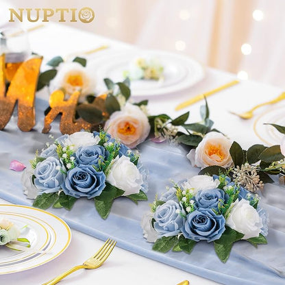 NUPTIO Wedding Floral Centerpieces for Tables: Dusty Blue & White Fake Flower Ball for Weddings Party - 2 Pcs Artificial Rose Arrangements for Birthday Bridal Shower Decorations