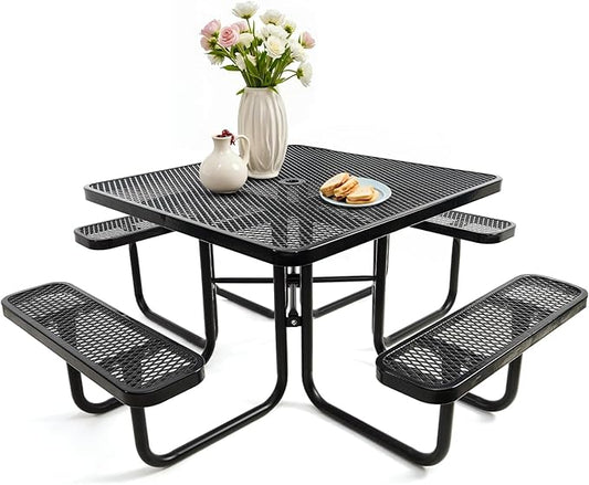 47'' Heavy-Duty Metal Picnic Tables with Umbrella Hole, Outdoor Steel Heavy Duty Commercial Grade Black Table, Outdoor Bench Set for Lawn, Patio, Park, Yard, Garden, Porch (Set A, Square)