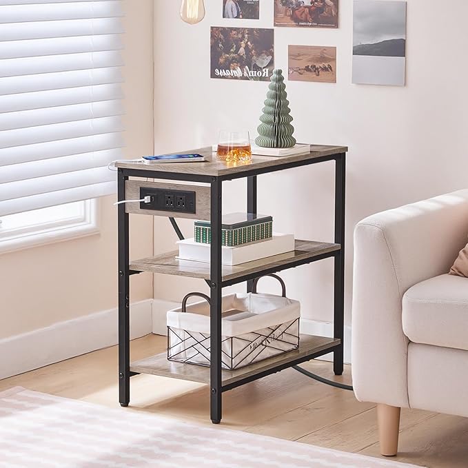 HOOBRO End Table with Charging Station, Simple Rustic Side Table with 3-Tier Storage Shelf, Narrow Nightstand for Small Spaces, for Living Room, Industrial Design, Greige and Black BG149UBZ01