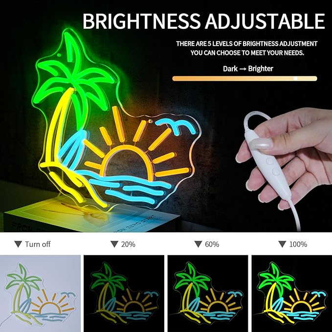 Tropic Neon Sign for Wall Decor Dimmable Coconut Tree Led Light Signs Summer Beach Neon Signs for Hawaii Shop Neon Light for Bar Bedroom Cafe Tiki Bar Party Decoration