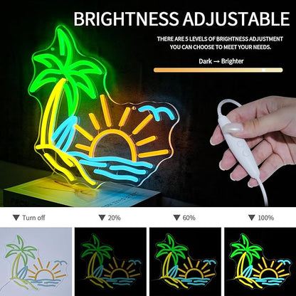 Tropic Neon Sign for Wall Decor Dimmable Coconut Tree Led Light Signs Summer Beach Neon Signs for Hawaii Shop Neon Light for Bar Bedroom Cafe Tiki Bar Party Decoration