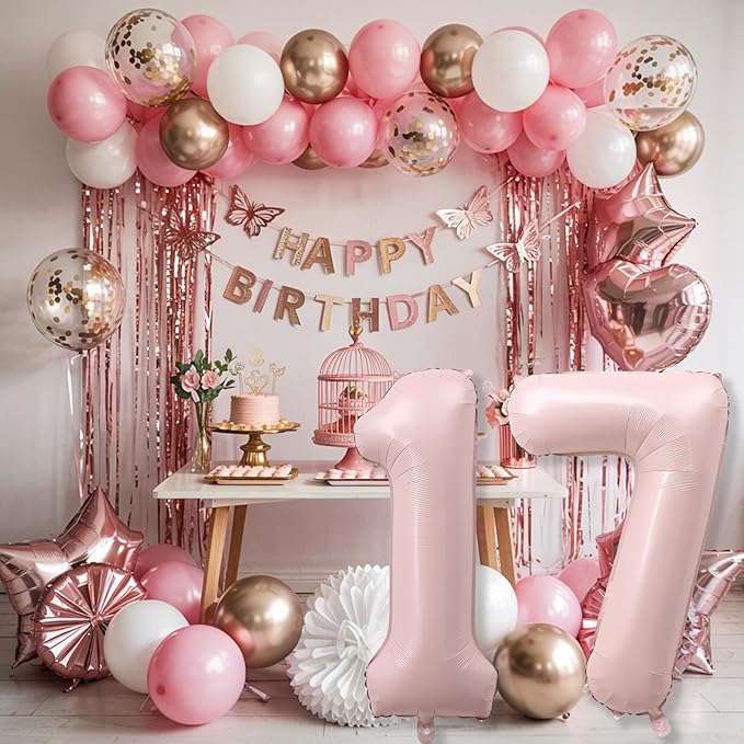 Pastel Pink 17 Balloon Number for Girls, 40'' Self Inflating Number 17 Balloons, Big Light Blush Pink Foil 1 & 7 Helium Balloon 17 for Women Boho Coquette 17th Birthday Party Anniversary Decorations
