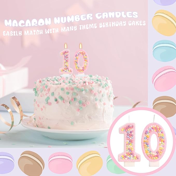Pink Birthday Candles - Number 10 Candle, Colorful Macaron Candles, 10 Birthday Decorations for Girls Sweet Theme Party Supplies (Pink)