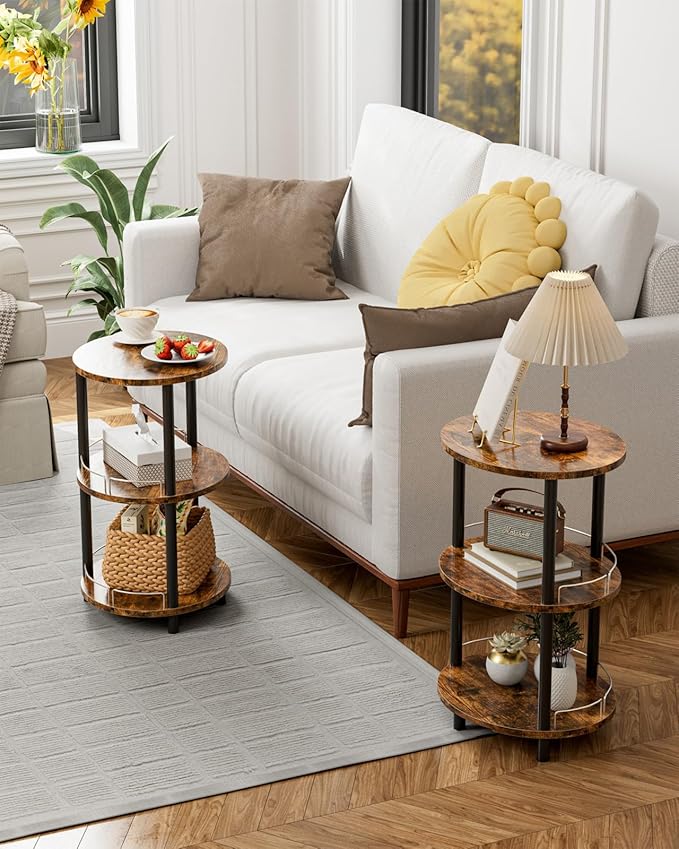 Small Nesting Coffee Table - 3-Tier Oval Accent Table for Small Spaces, Rustic Wood and Metal Couch End Table, Nightstand for Bedroom or End Table Living Room, Easy to Assemble, Rustic Brown
