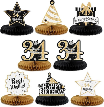 Happy 34th Birthday Decorations,34th Bday Gold Glitter Shiny Stand Honeycomb Table Centerpieces - Cheers to 34 Years Old Birthday Party Photoprop Gift Sign.