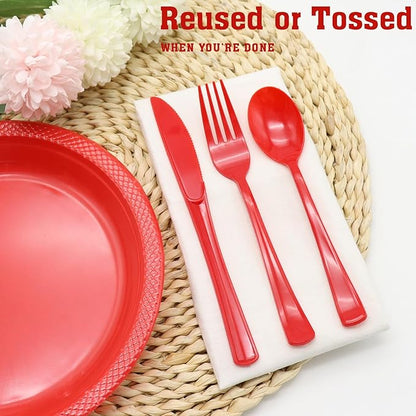 150 Pack Red Plastic Silverware, Red Plastic Utensils, Disposable Cutlery Heavy Duty, 50 Forks, 50 Spoons, 50 Knives for Birthday, Graduation Party, Flag Day, 4th of July