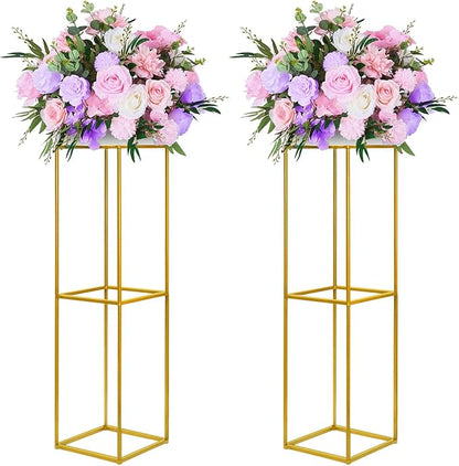 YALLOVE 2 Pcs 31.5 Inch Metal Flower Stand, Gold Centerpieces Vases Stand With Clear Acrylic Sheets, Geometric Display Rack for Wedding Party Decorations